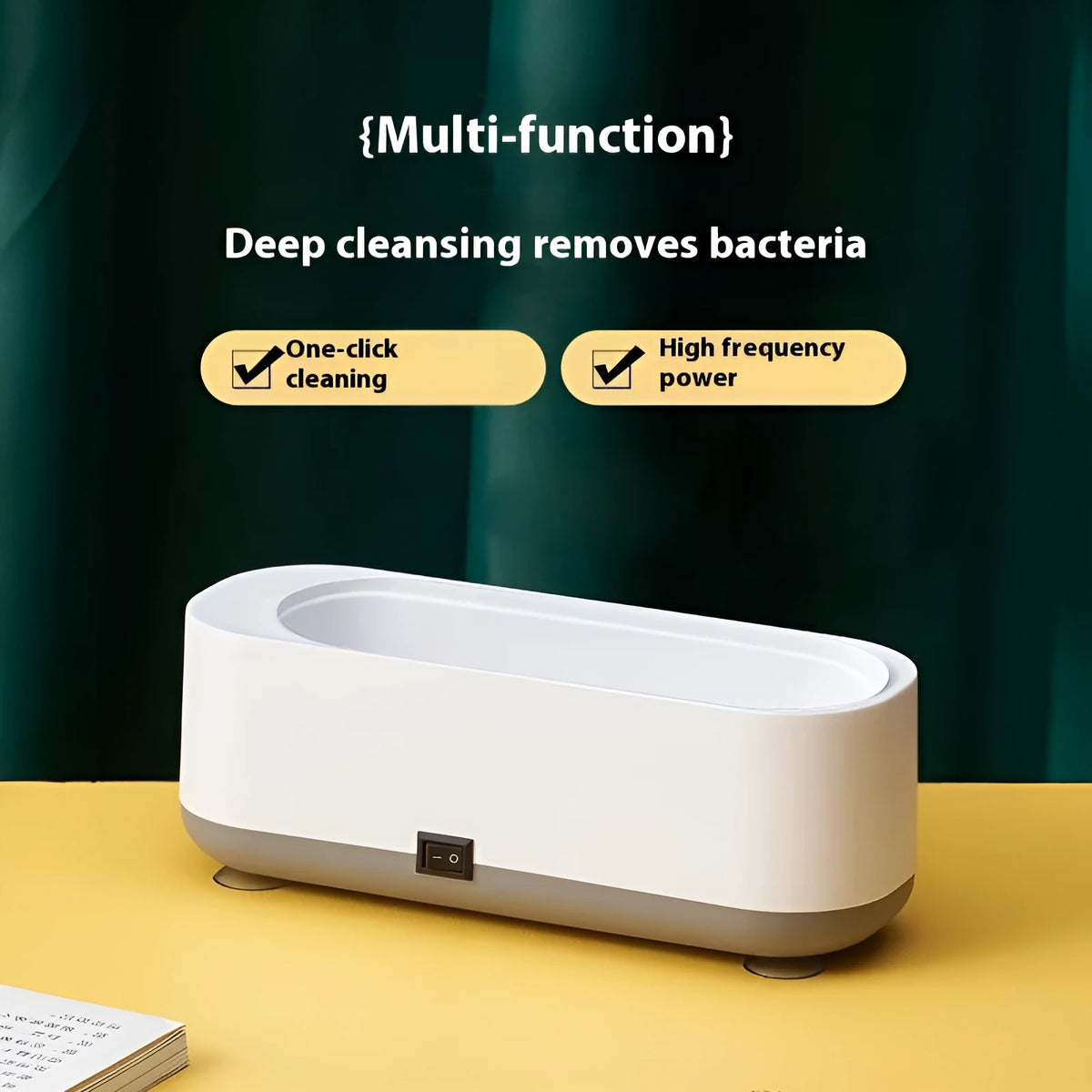Ultrasonic glasses cleaning machine with purple light, 300ml capacity, USB or battery power, mechanical switch.