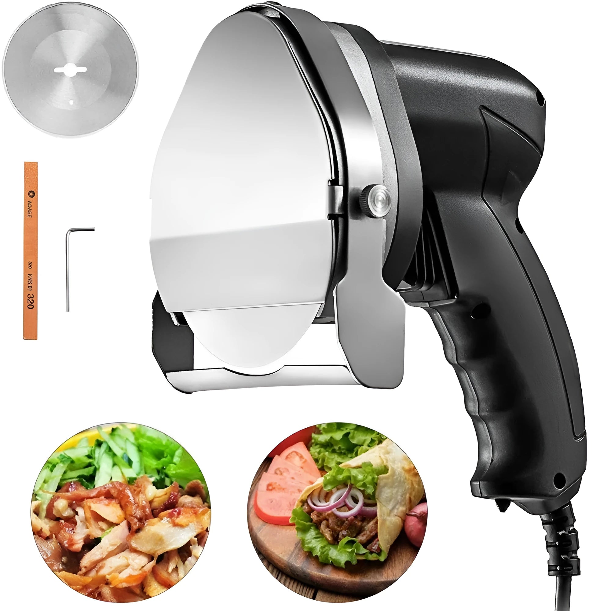 Black electric meat cleaver with 80W motor and EU plug on a work surface.
