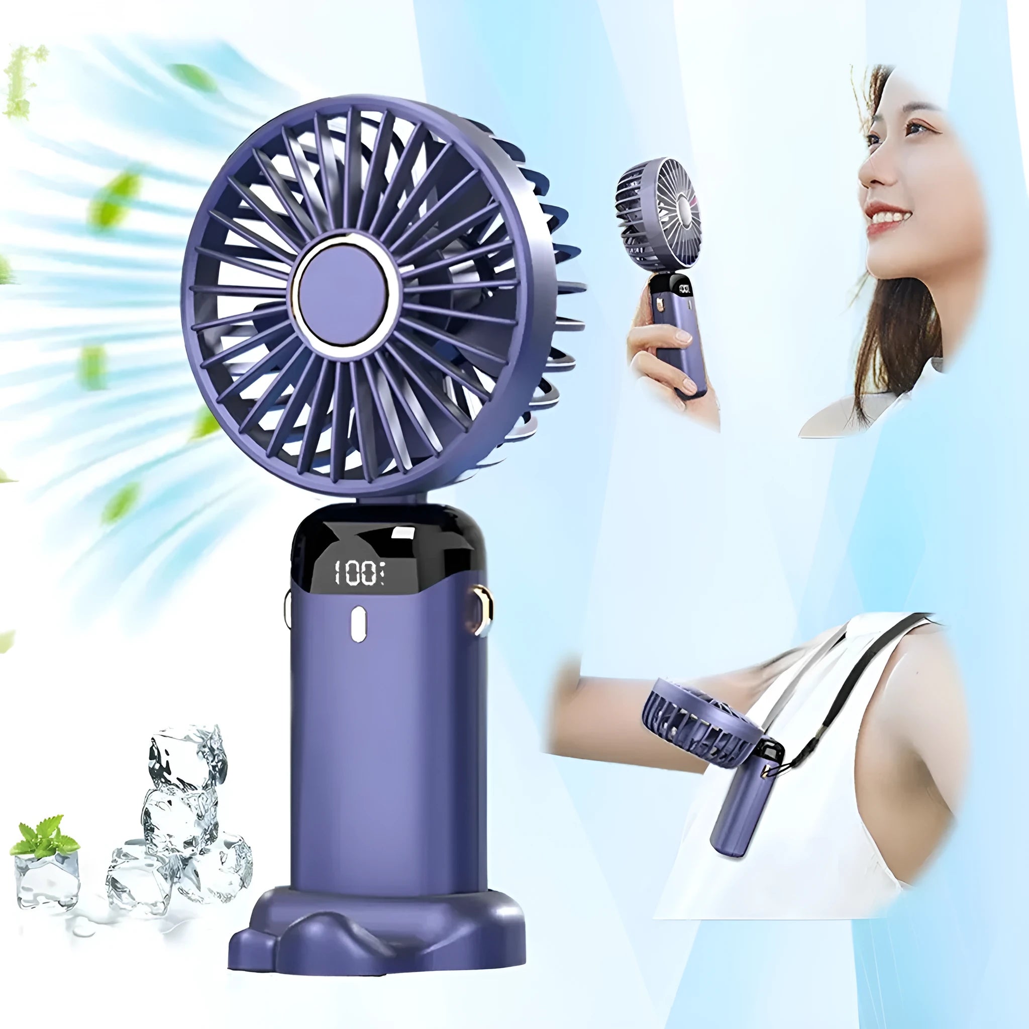 Blue portable handheld electric fan showing foldable design, LED display, and included neck lanyard