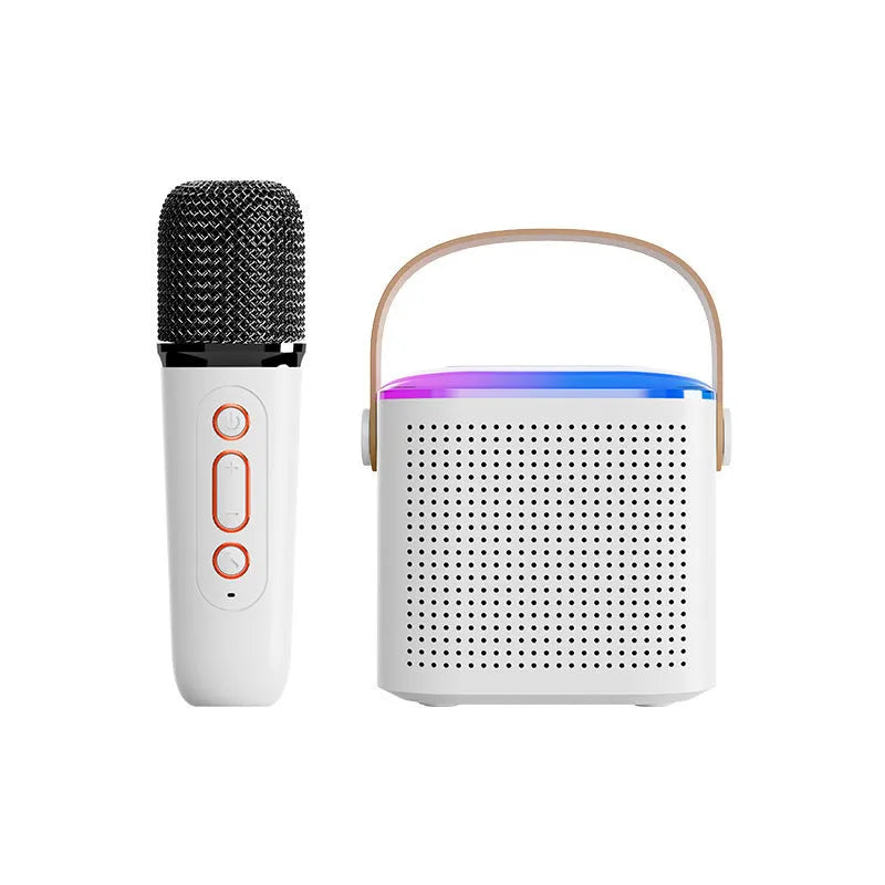 Bluetooth karaoke machine speaker with two wireless microphones and RGB light in pink, white, and blue models