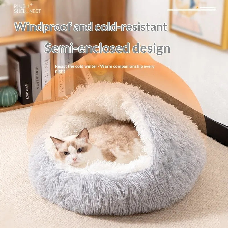Plush shell nest crystal fleece cat bed in gradient grey colour, soft fabric thick warm bed for cats