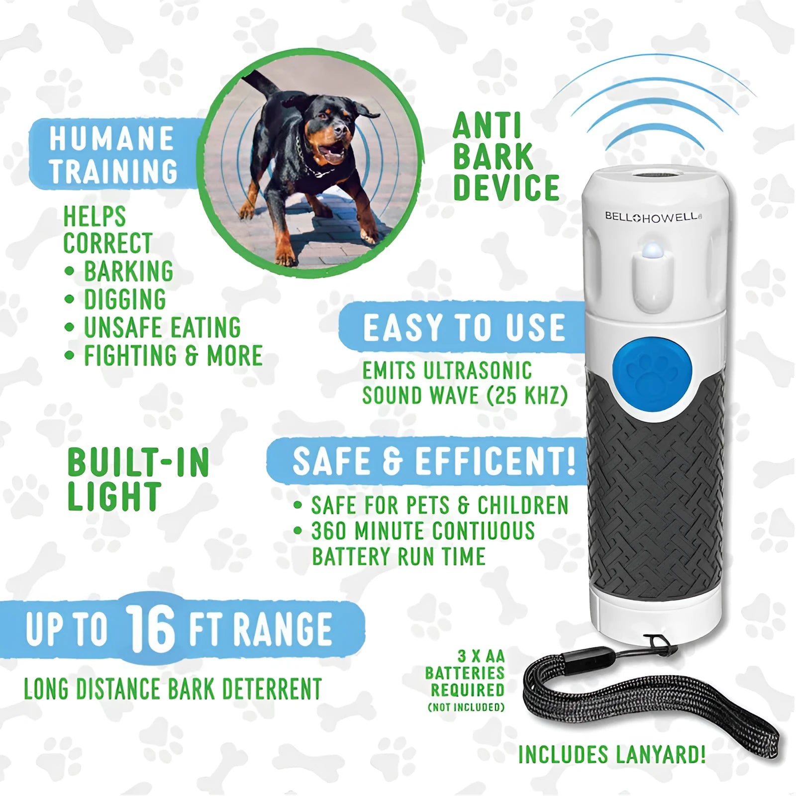 White handheld ultrasonic dog trainer device for bark control with ABS plastic construction