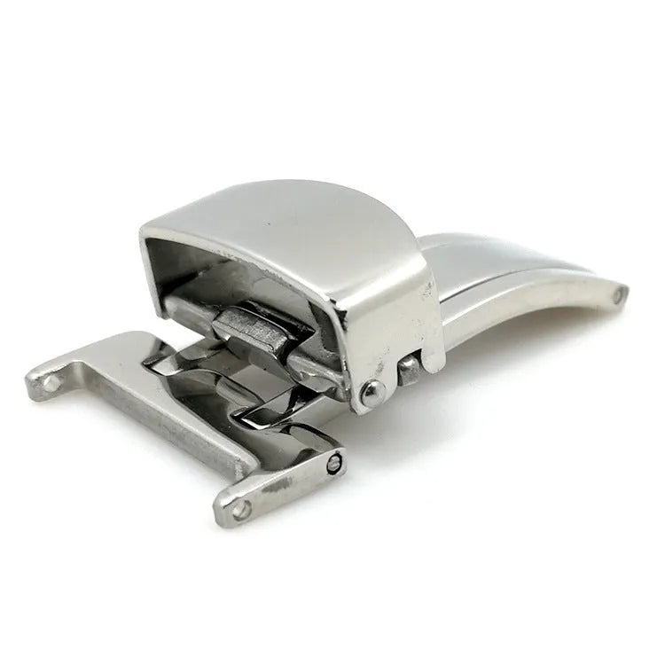 Silver stainless steel single-side folding watch clasp on a white background, showing five size options from 14mm to 22mm.