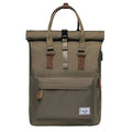 Polyester casual backpack in black, dark grey or green, showing zippered opening and under 20L capacity.