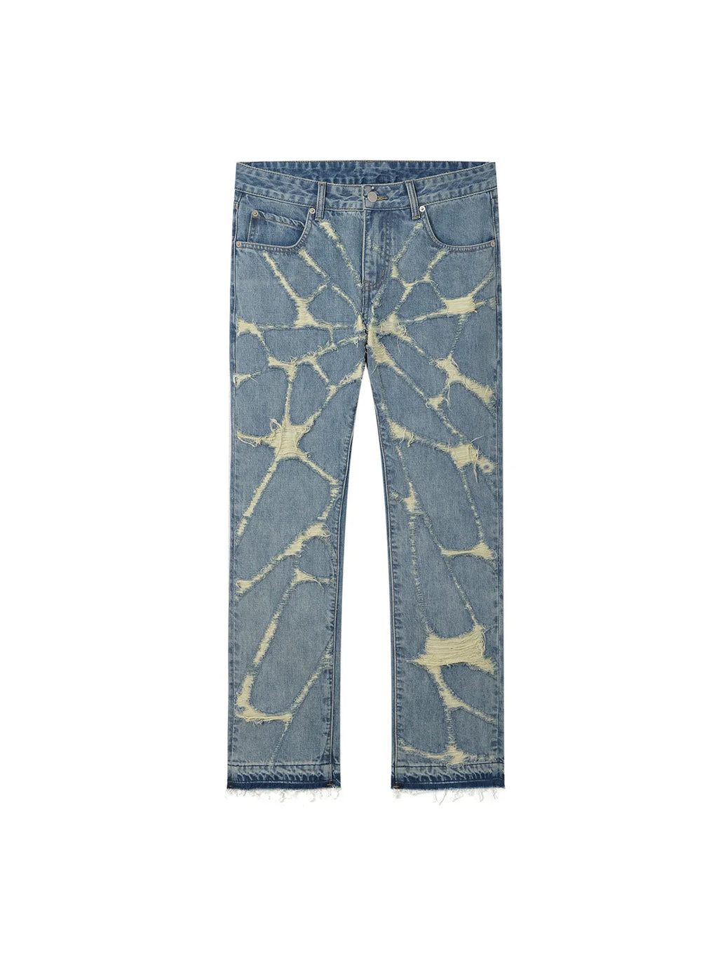 High street wash destroyed spider web straight leg jeans in light blue denim, mid-waist zipper front