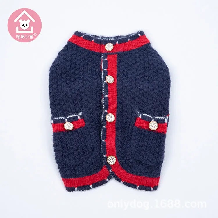 Blue wool dog sweater cardigan with classic princess style on mannequin showing button front