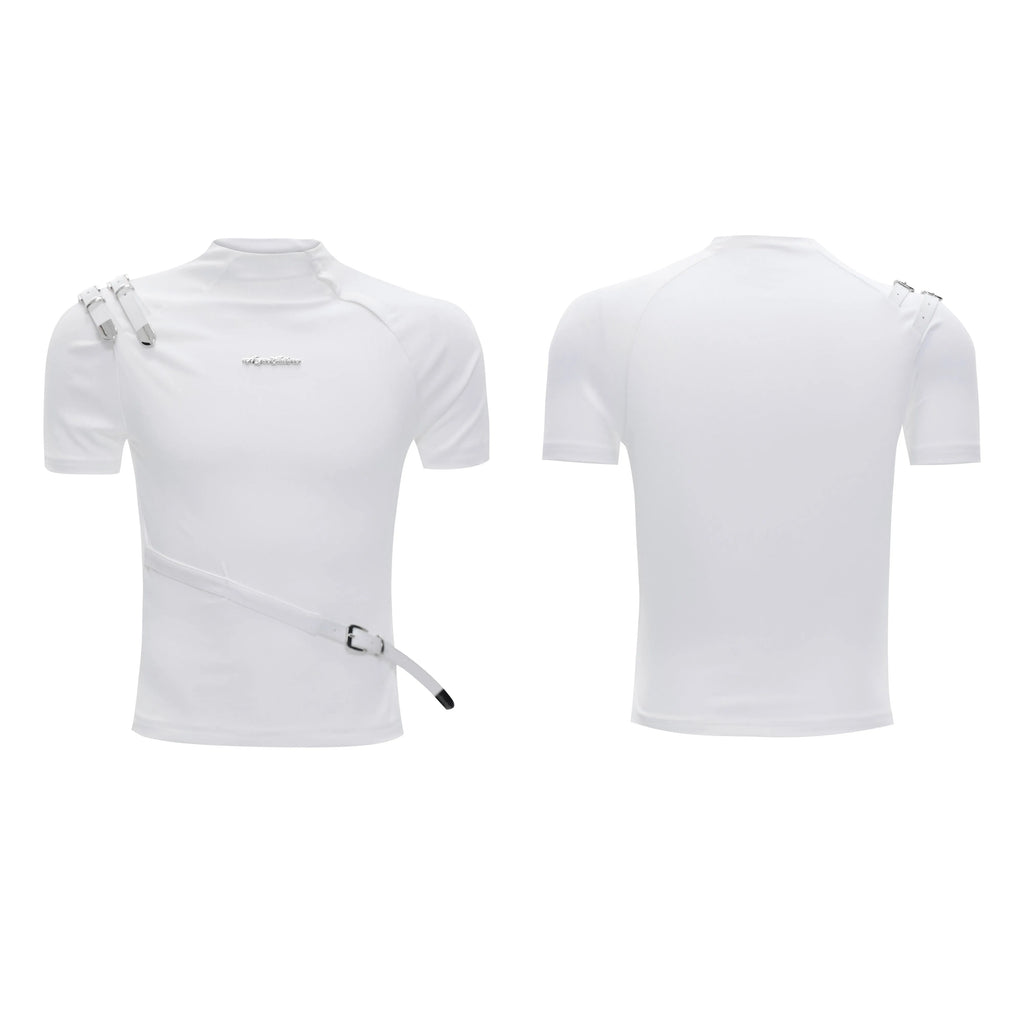 Men's cotton short sleeve t-shirt with metal belt detail in slim fit black or white options