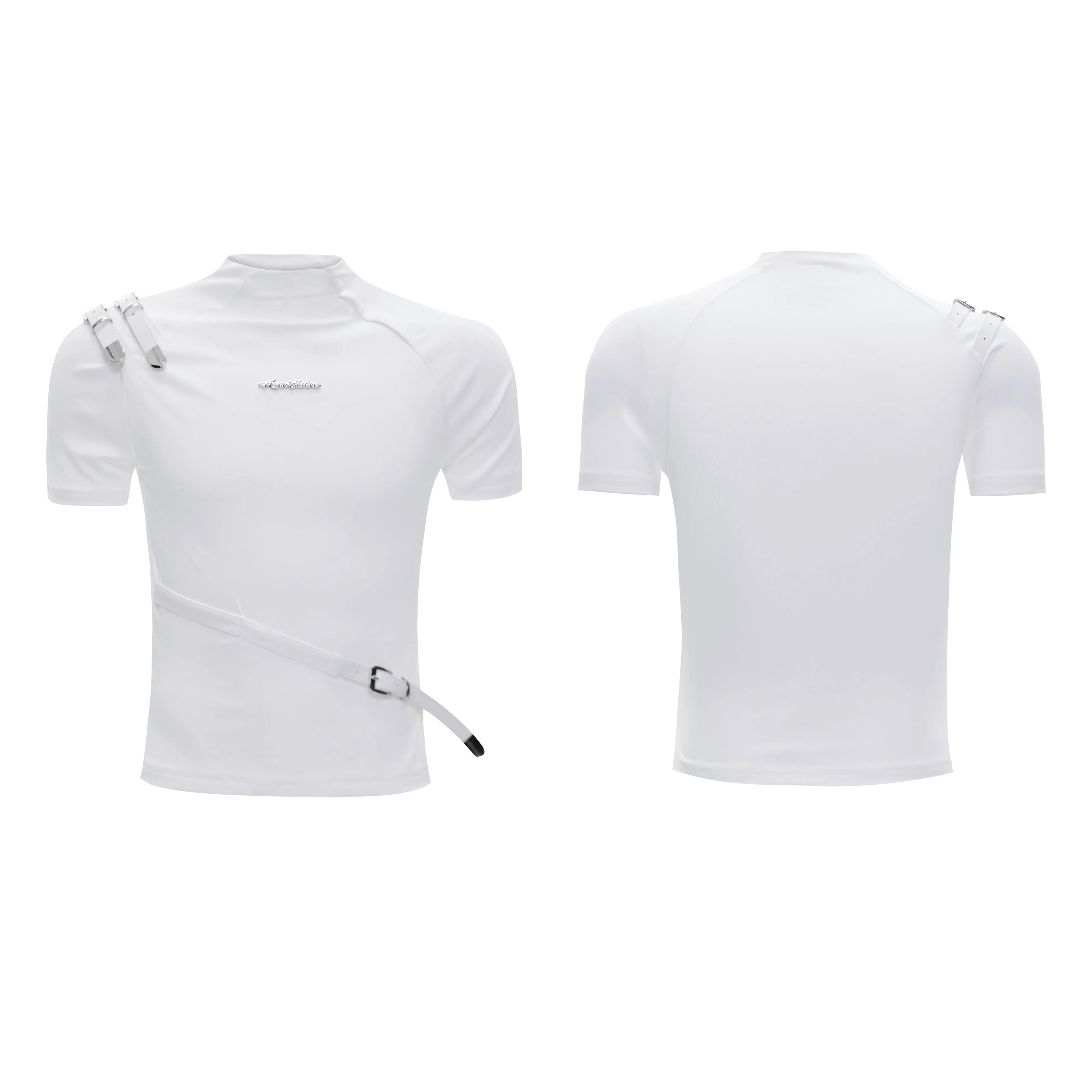 Men's cotton short sleeve t-shirt with metal belt detail in slim fit black or white options