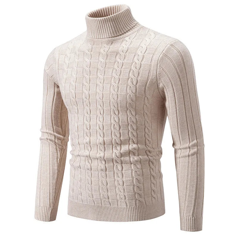 Man wearing a beige slim fit chenille turtleneck pullover jumper.