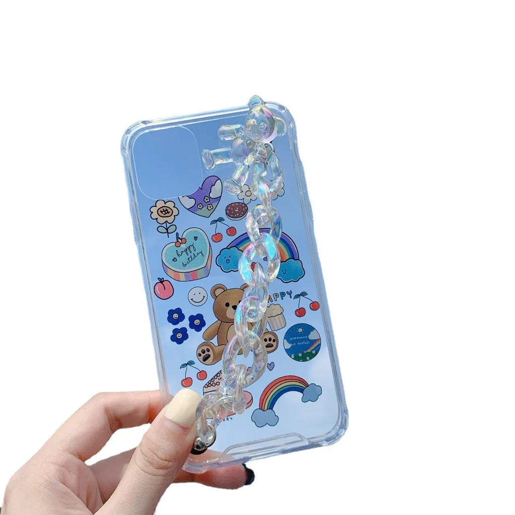 Clear TPU iPhone case with an attached bear chain and cartoon pendant charm