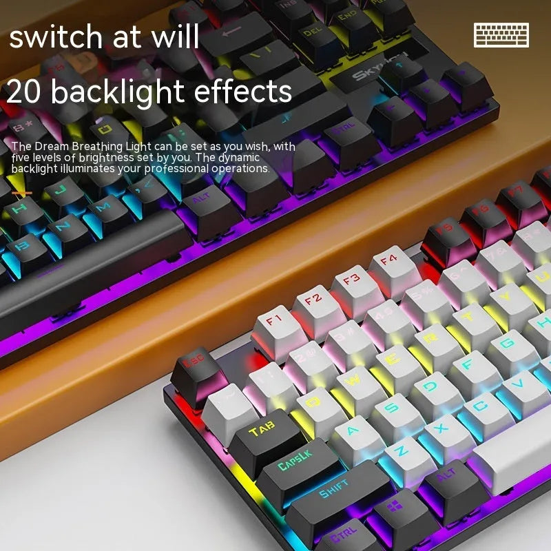 K87 mechanical wired keyboard with metal frame in selected colour, showing green or red switches and 1.4m USB cable.