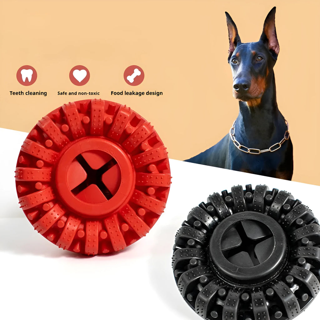 Dog food leakage tire toy in black or red, TPR chew toy measuring 14x5cm