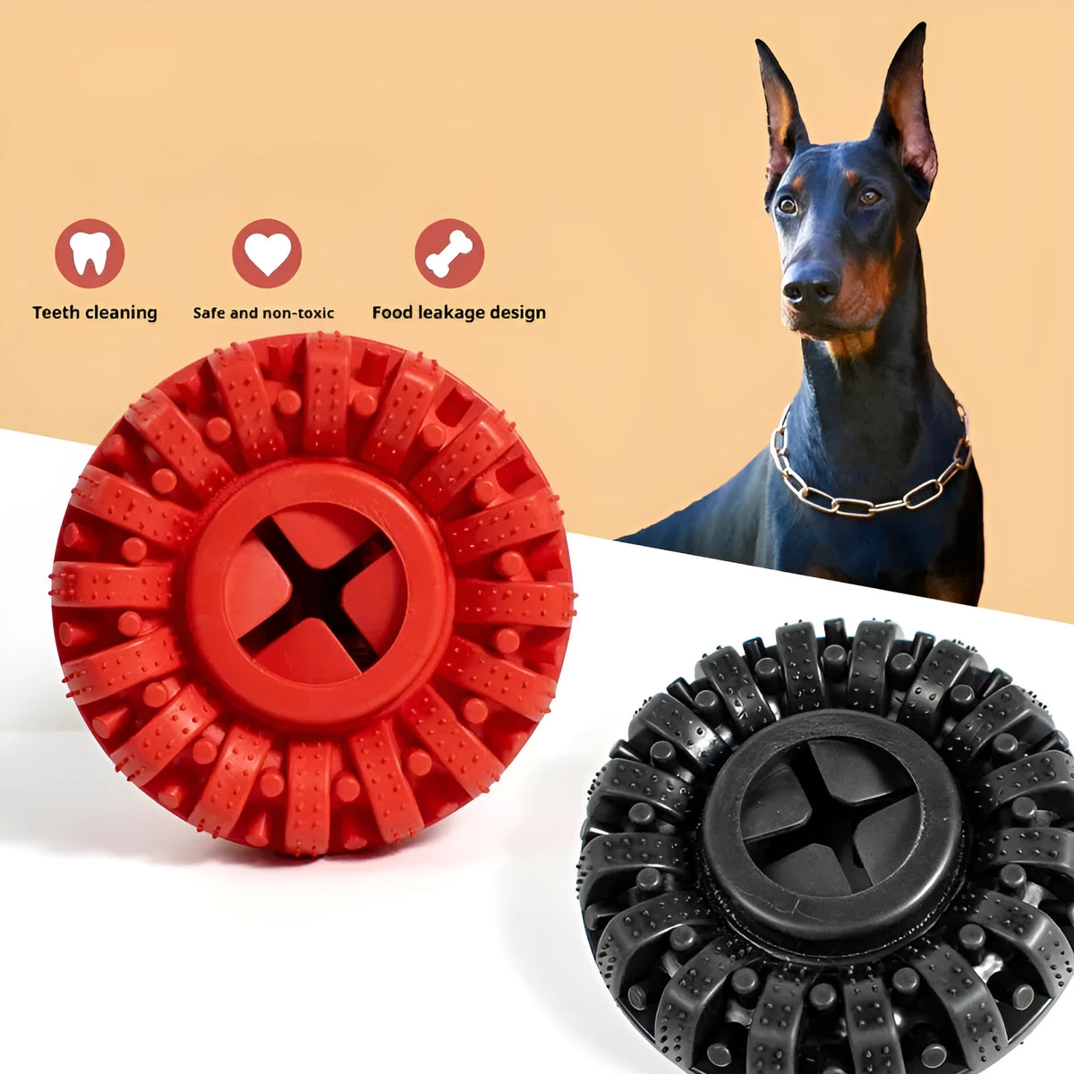 Dog food leakage tire toy in black or red, TPR chew toy measuring 14x5cm