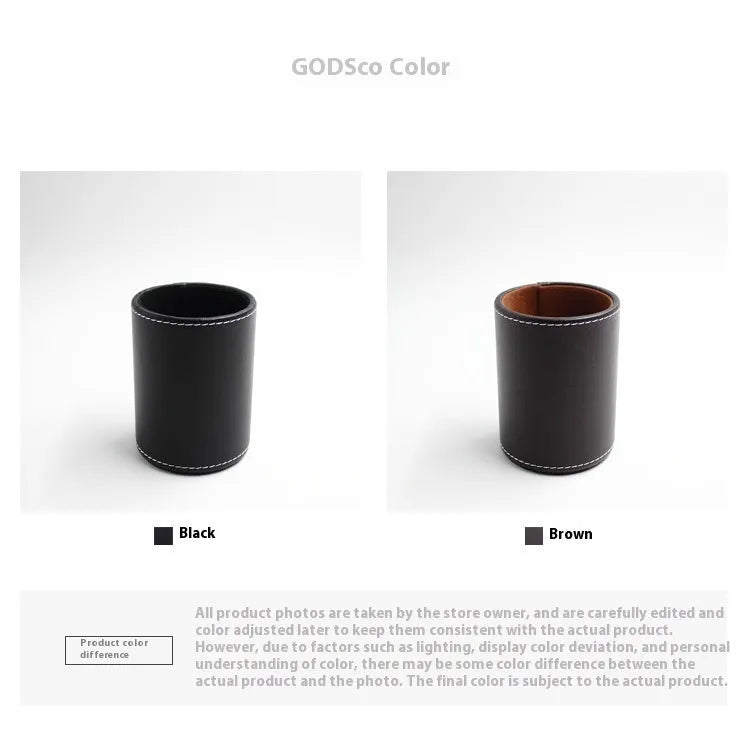 Black leather cylindrical pen holder measuring 8cm wide × 10.8cm tall on desk