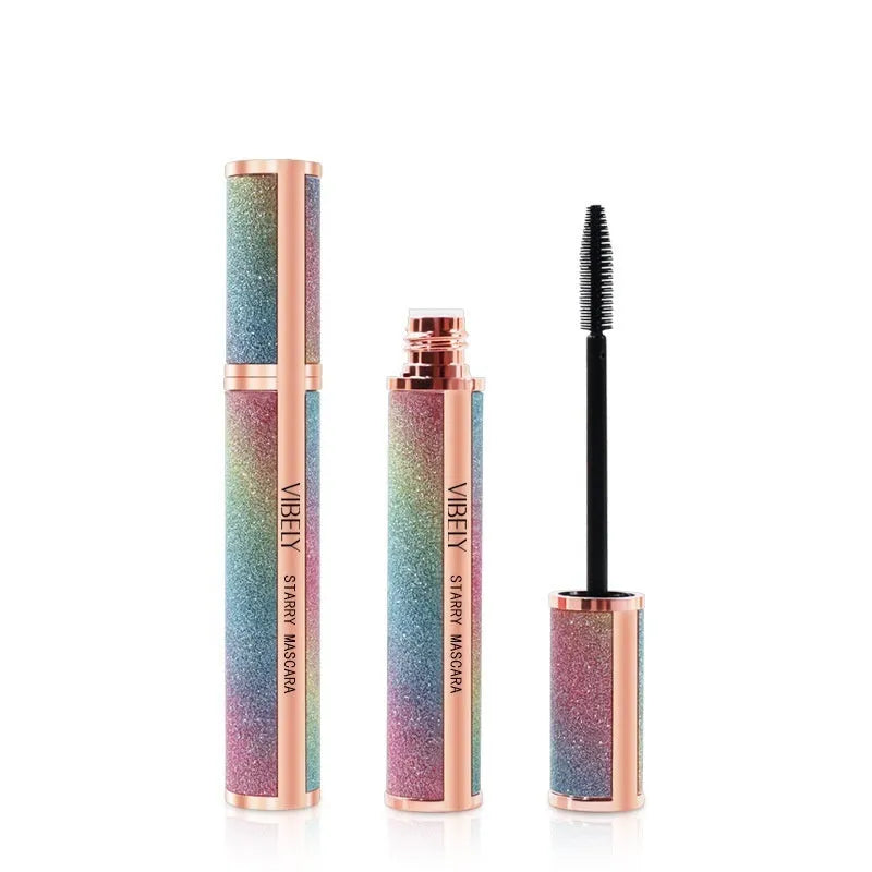 Black 4D waterproof mascara wand with English packaging for long, thick, curling lashes.