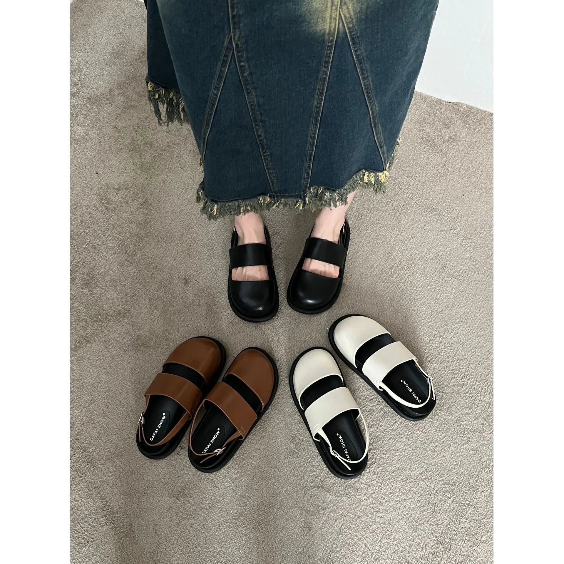 Retro Korean style sandals with an ankle-strap buckle, shown in apricot colour.
