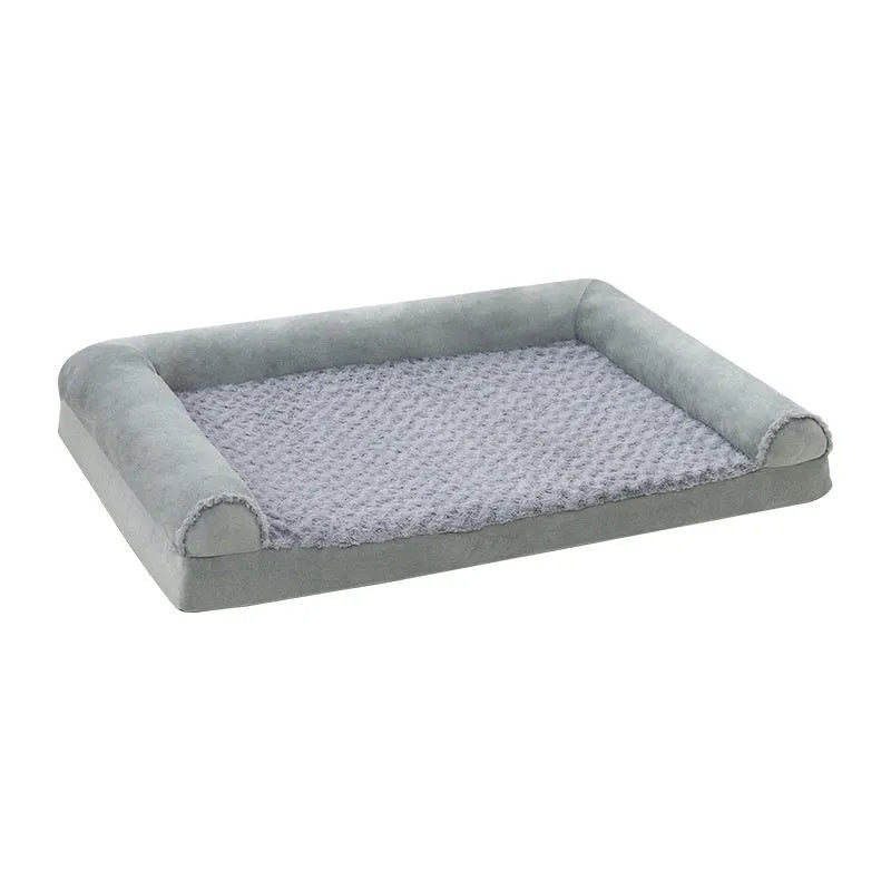 Grey cloth indoor dog kennel with padded walls and a foam cushion, shown in large size.