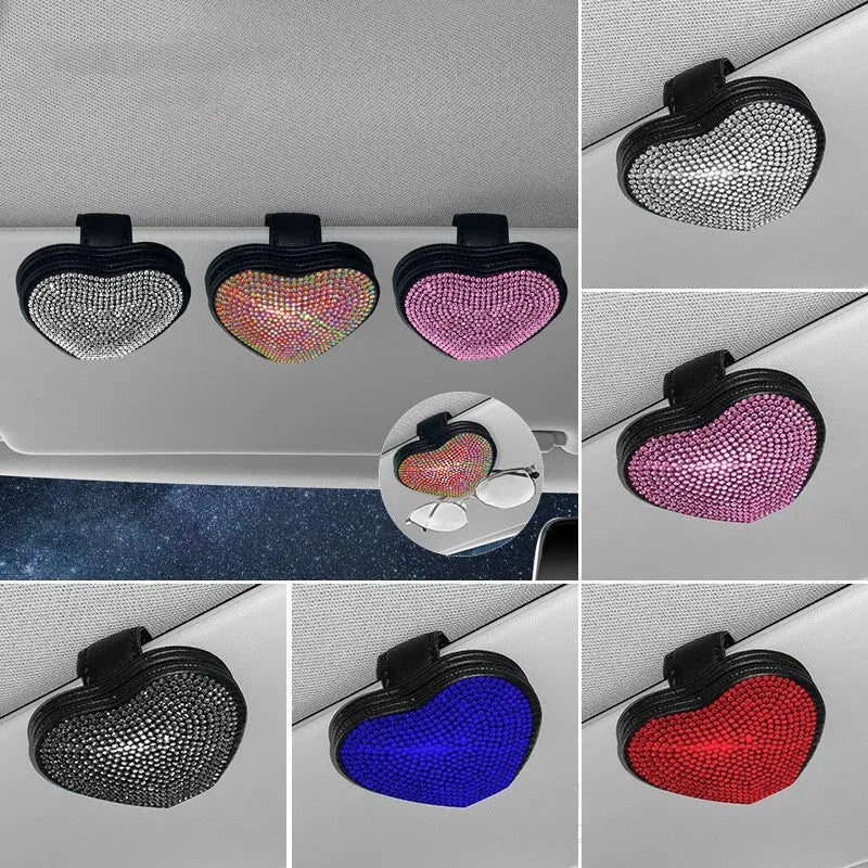 Magnetic PU leather car sun visor clip holding a pair of glasses, shown in a diamond-pattern colour.
