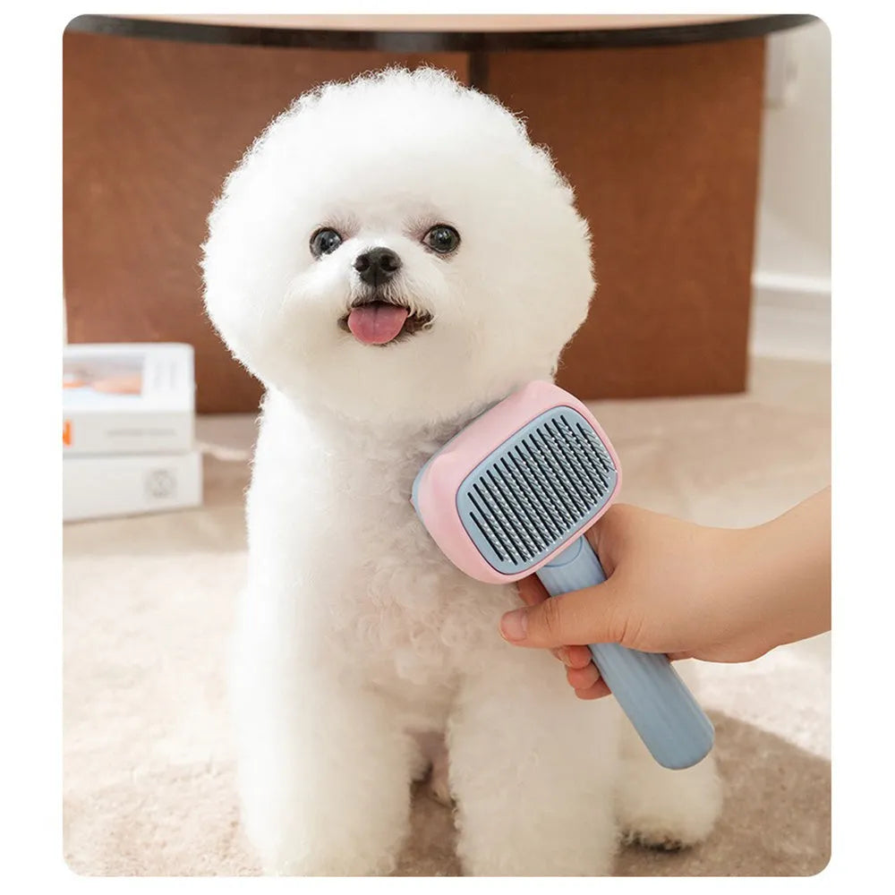 Blue and green double-sided pet grooming brush with dematting comb and undercoat rake on a 195mm handle.