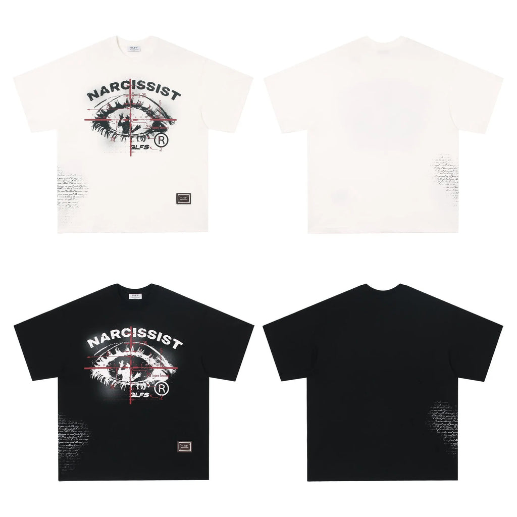 American retro hip hop Gothic design pure cotton T-shirt in black, showing letter pattern on front.