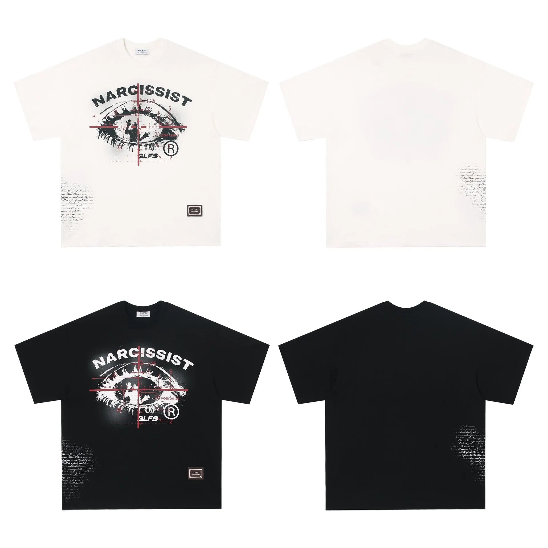 American retro hip hop Gothic design pure cotton T-shirt in black, showing letter pattern on front.