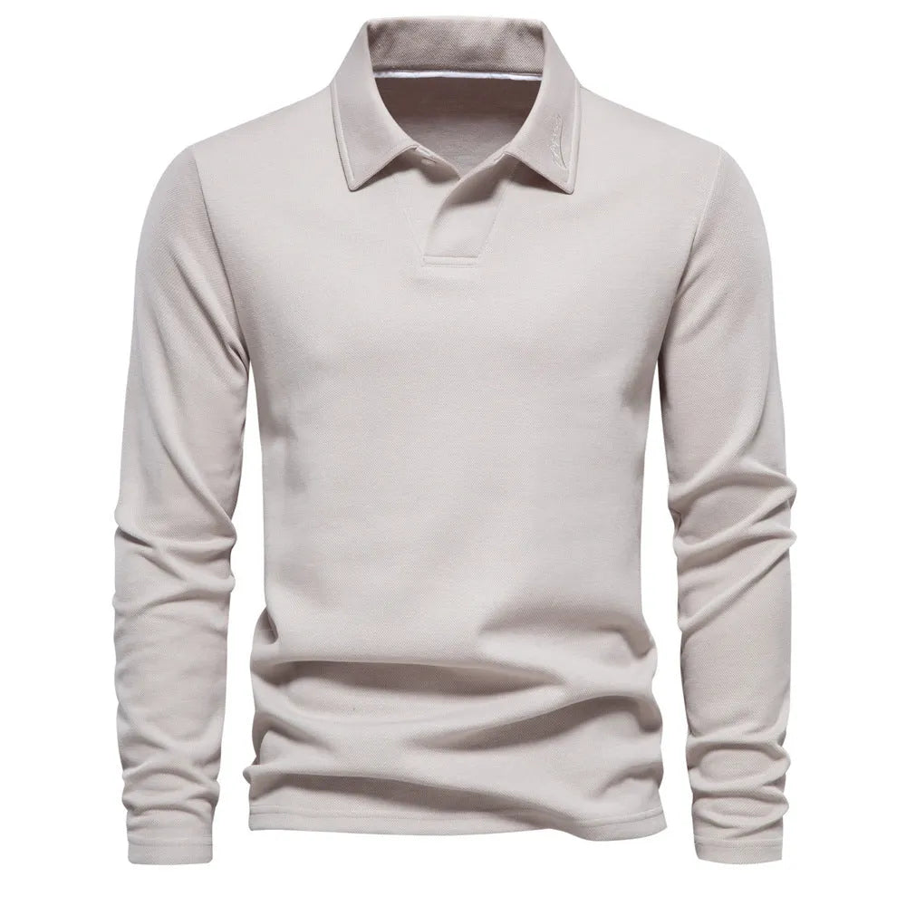 Men's cotton blend long-sleeved polo shirt in solid colour regular fit autumn top