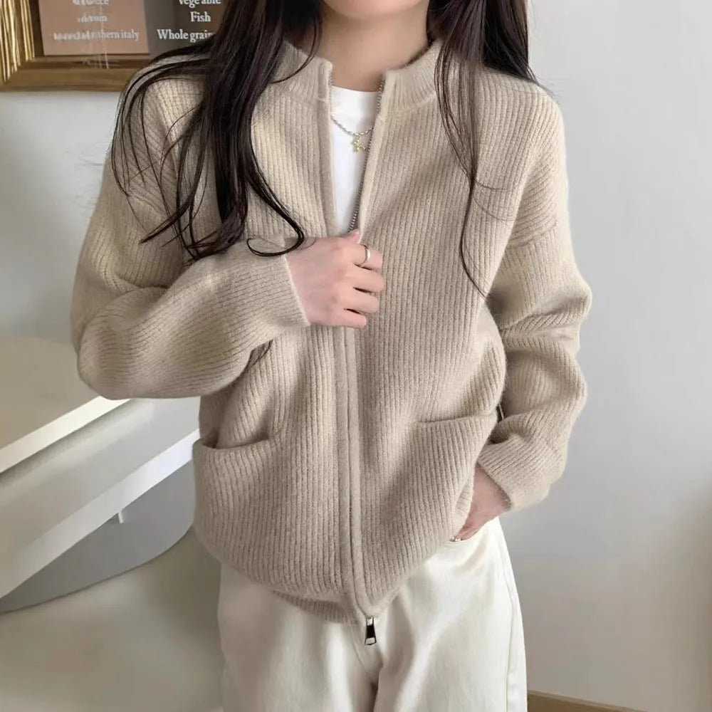 Soft Wind temperature-sensitive viscose fibre sweater coat in beige, long sleeve cardigan style
