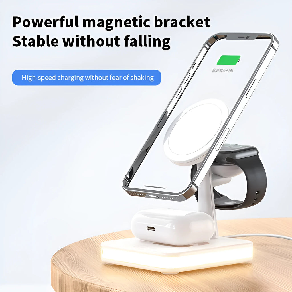 Three-in-one magnetic wireless charger with black finish, showing phone on bracket and watch on stand