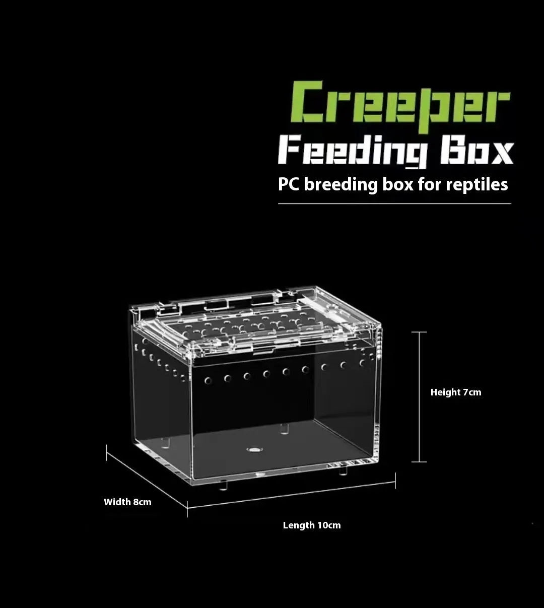 Clear acrylic reptile feeding box showing dimensions for small, medium, large, extra large, and arboreal sizes.