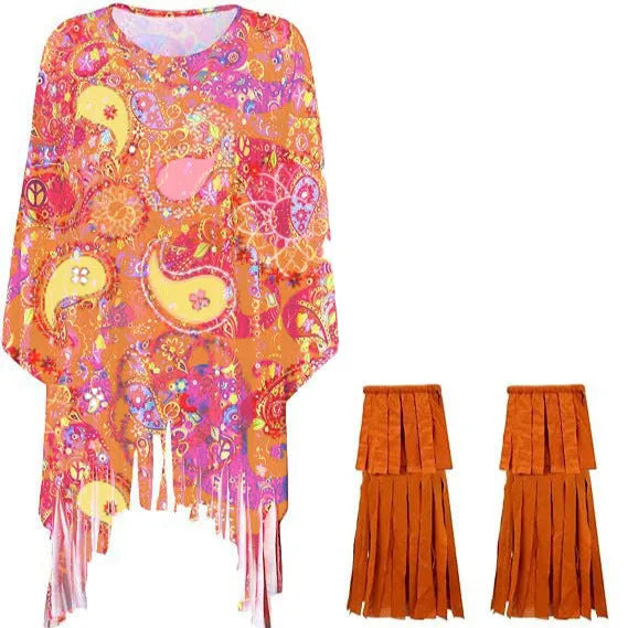 Colourful tie-dye sleeveless cloak costume with bell sleeves on a mannequin.