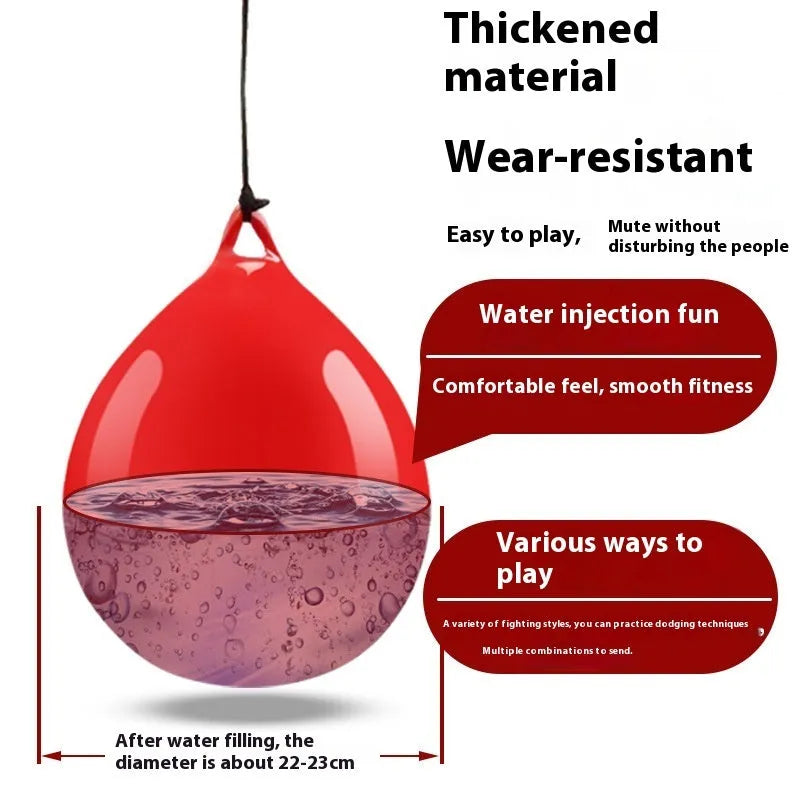 Red water filled PVC boxing reaction ball with hook rope attachment for martial arts training