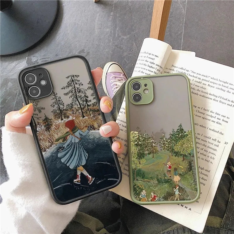 Vintage cartoon scenery girl phone case displayed on iPhone showing Japanese and South Korean inspired print