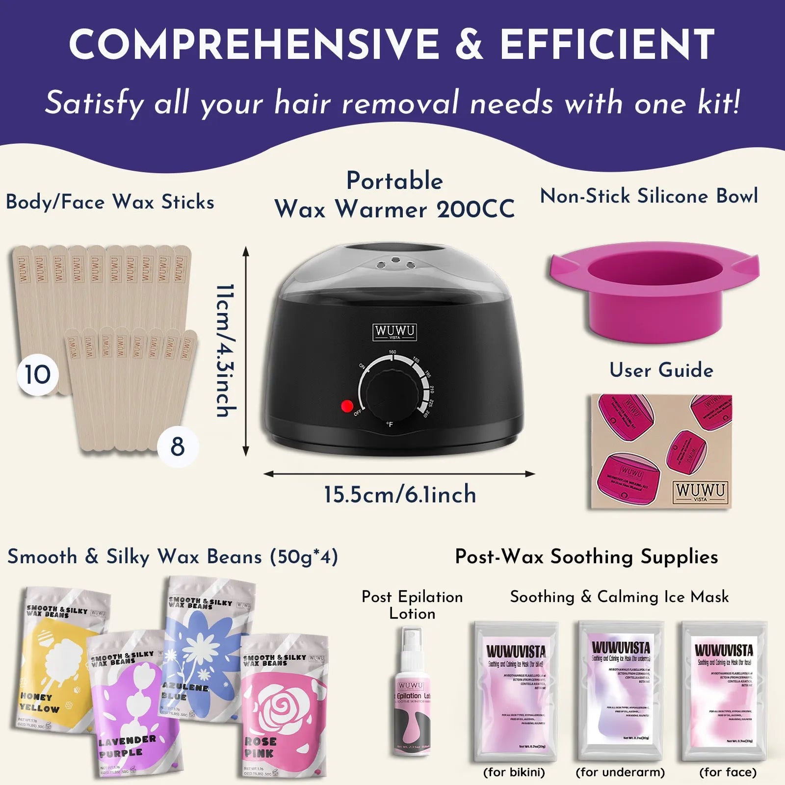 WUWUVISTA 29-piece hard wax kit with black wax warmer, pink and black wax beads, applicator sticks, and aftercare bottles.