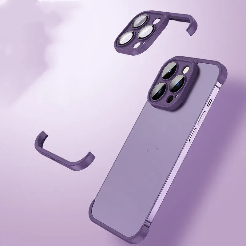 Dark purple TPU mobile phone case for Apple iPhone with corner pads and integrated glass lens film.