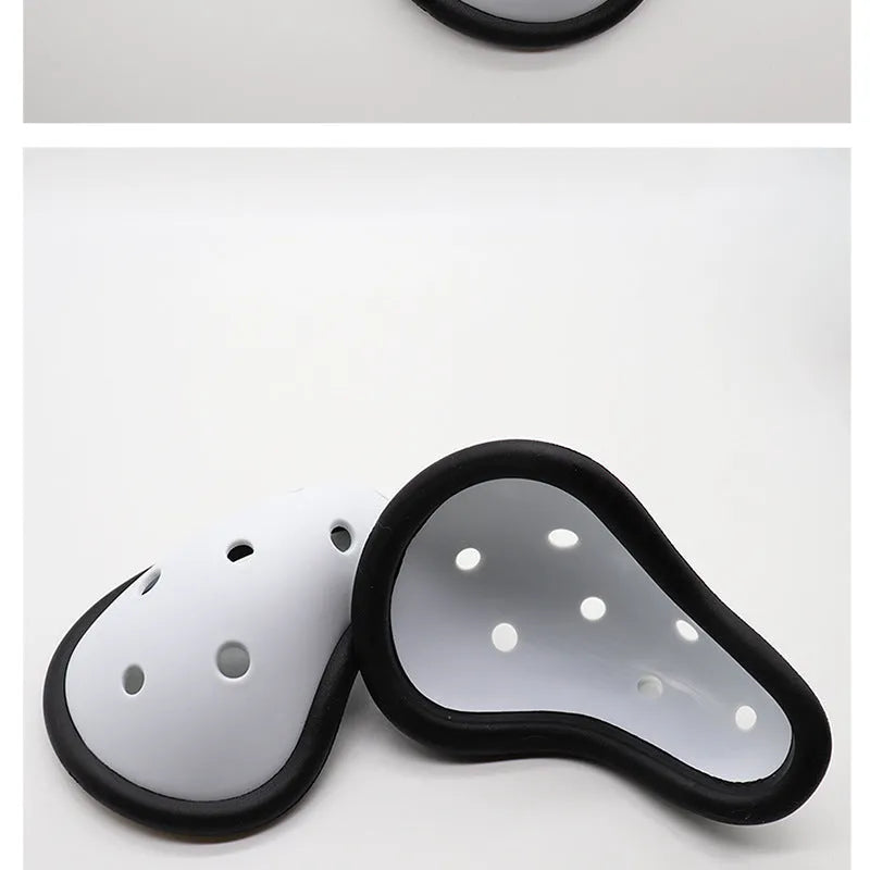Rubber sports genital protector groin guard for adult and child sizes, used in boxing rugby hockey and martial arts.
