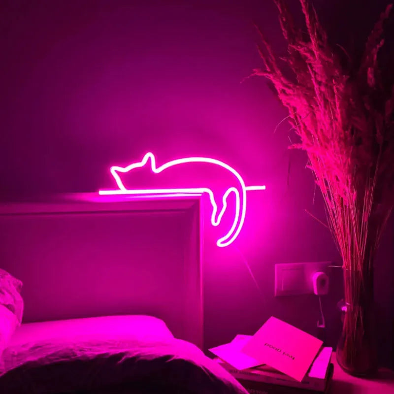 Purple neon cat LED decorative light with 11W power and PC shell for room placement