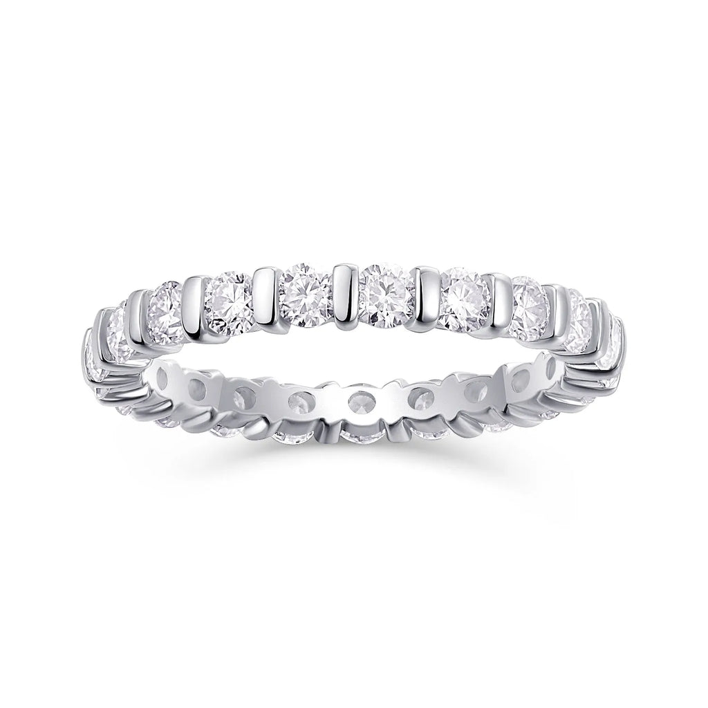 Starlight Love moissanite wedding ring set in platinum finish on white background with gift box and GRA certificate