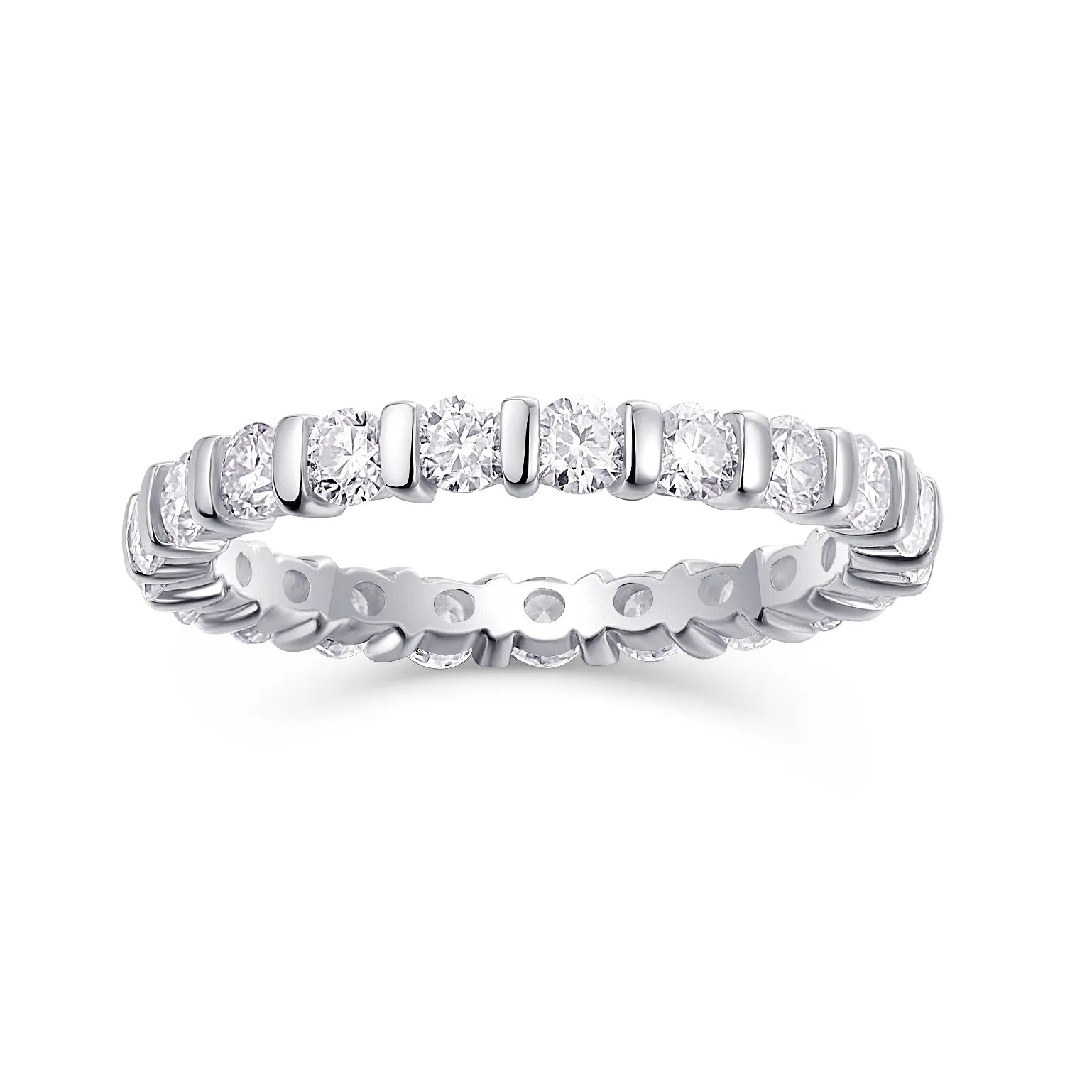 Starlight Love moissanite wedding ring set in platinum finish on white background with gift box and GRA certificate