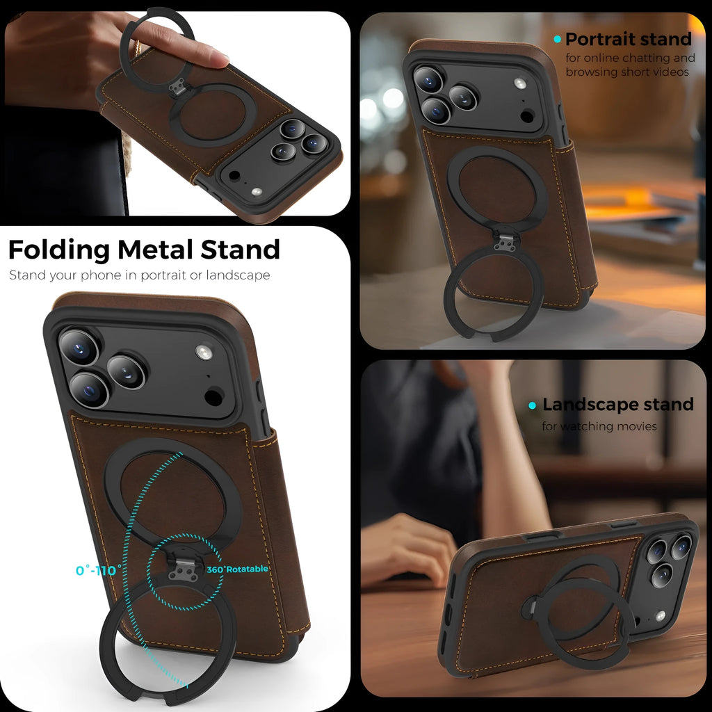 Magnetic bracket PC leather flip phone case for iPhone 16 in black with stand