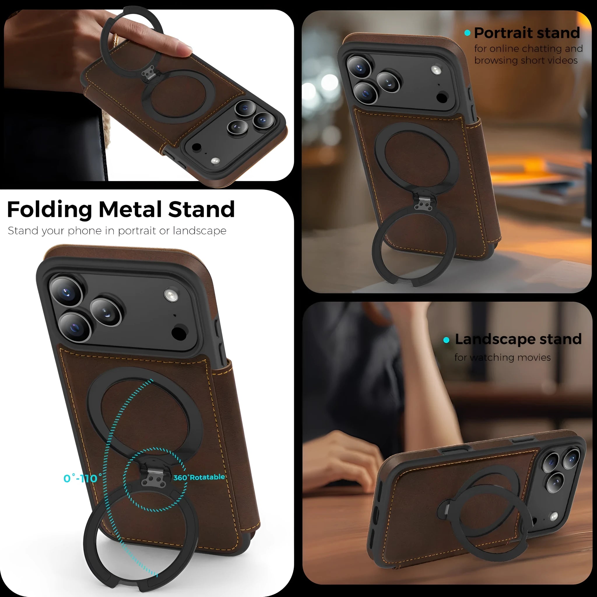 Magnetic bracket PC leather flip phone case for iPhone 16 in black with stand