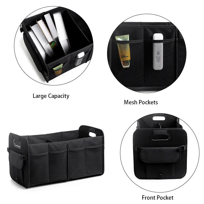 Foldable black multi-compartment car trunk storage box with handle