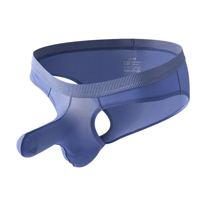 Men's low waist briefs in Ice Silk fabric showing available colours: black, grey, light green, pink, purplish blue.