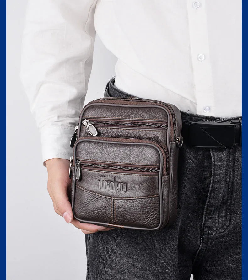 Men's leather waist bag in black or dark brown, worn as waist bag, shoulder messenger bag, or belt pouch