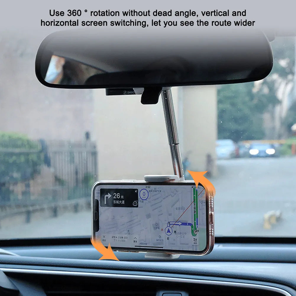 Black car rearview mirror phone holder showing 360-degree rotation joint and foam-padded phone cradle
