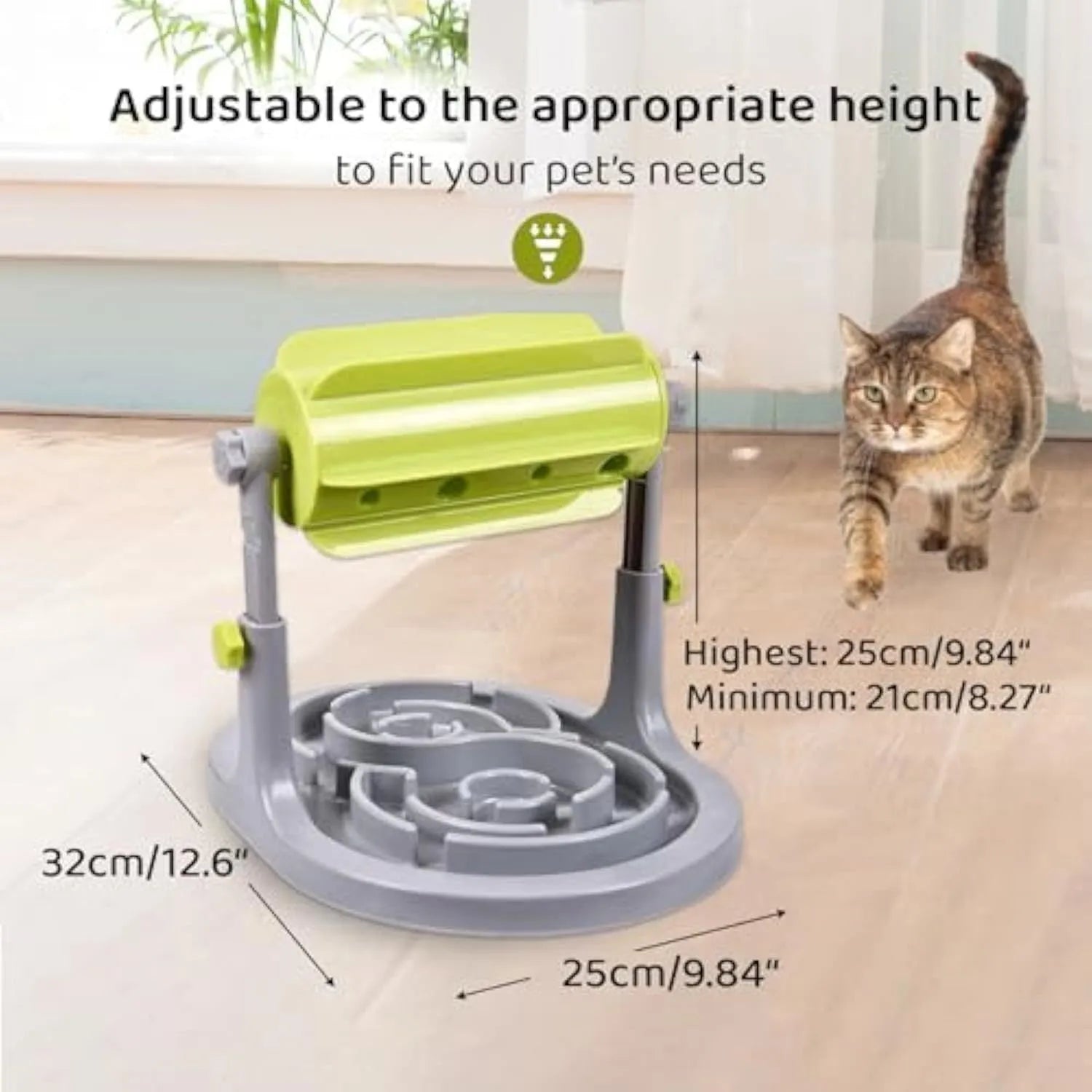 Interactive pet slow feeder bowl with adjustable height in blue, green, and pink options