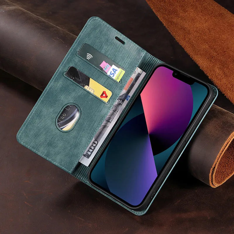 Magnetic flip leather phone case for iPhone in various solid colours, showing front and closed views.