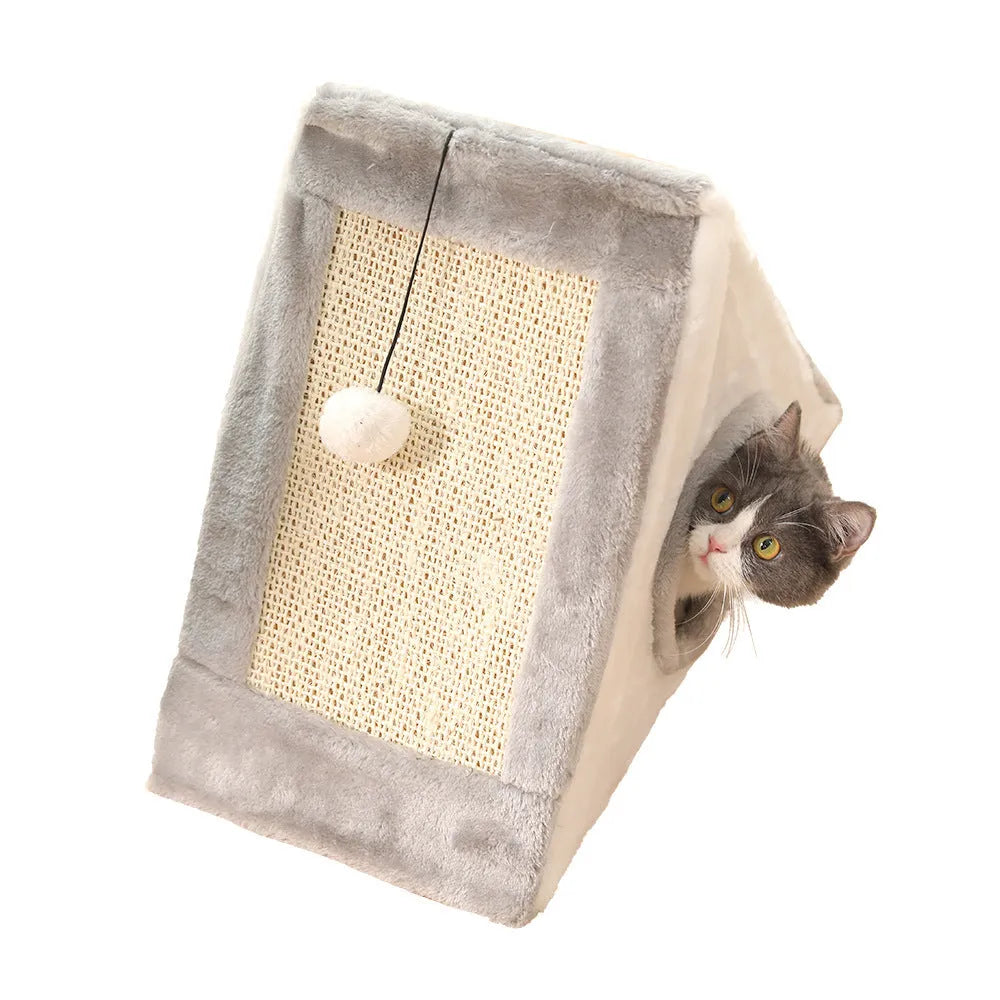 Triangle-shaped cat bed with integrated sisal scratching surfaces in grey and white colour option