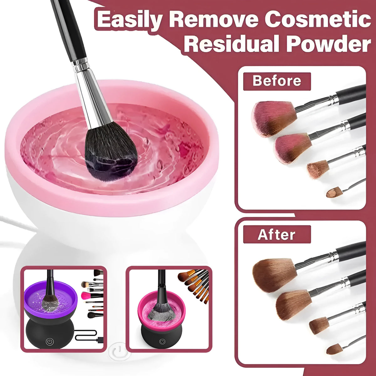Electric makeup brush cleaner machine in white powder with silicone container and 80r/min motor, 9-8.8cm size