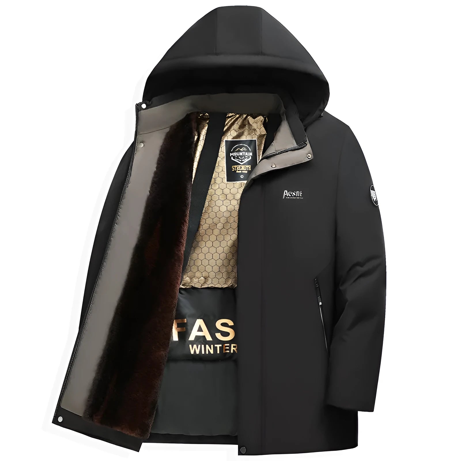 Men's fleece-lined cotton-padded coat in black and navy blue with gold trim, cardigan style, regular fit