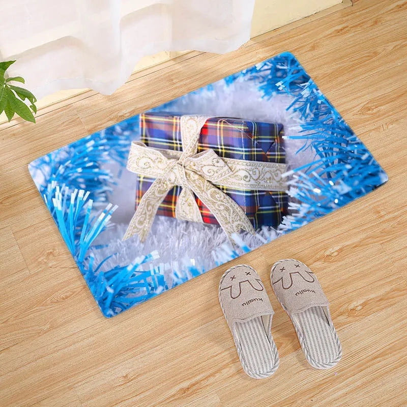 Rectangular flannel Christmas door mat with cartoon pattern, available in multiple sizes for bathroom and living room use